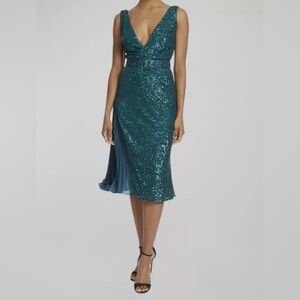 $696 Badgley Mischka Women's Green Teal Sequin Plunging Cocktail Dress Size 0
